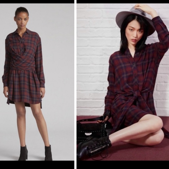 NWT Rag & Bone Felicity Plaid Tie Waist Shirt Dress Burgundy/Blue/Grey Size XS - Picture 1 of 16